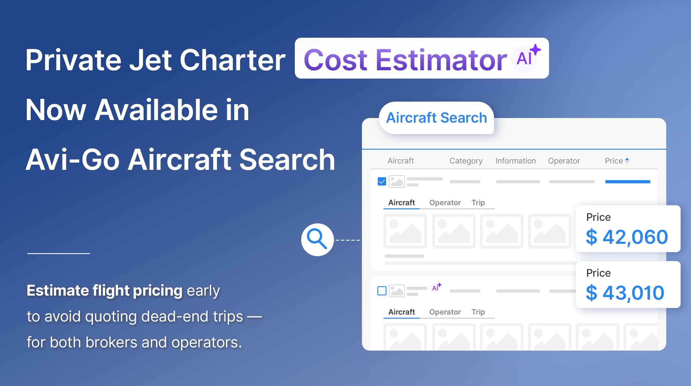 Estimated pricing now available in Aircraft Search with route, date, and aircraft type inputs.